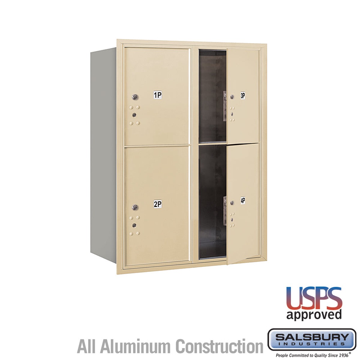 11 Door High Recessed Mounted 4C Horizontal Parcel Locker with 4 Parcel Lockers in Sandstone with USPS Access – Front Loading