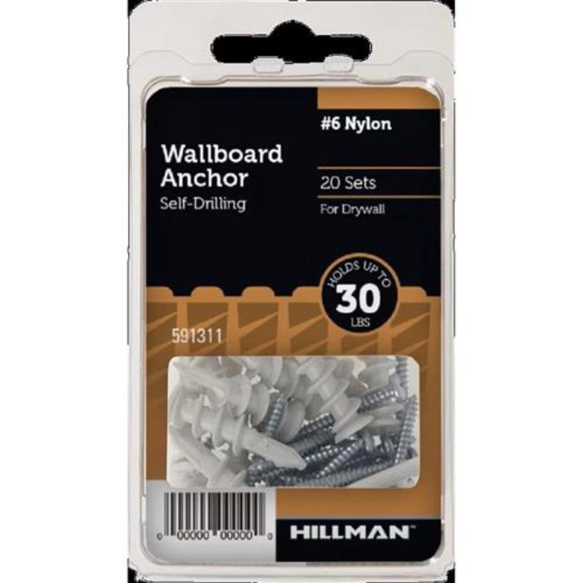 591311H – ANCHOR NYLON WALLBOARD AND SCREWS #6 20PC SET 30LBS SELFDRILLING (20 pcs/pkg)
