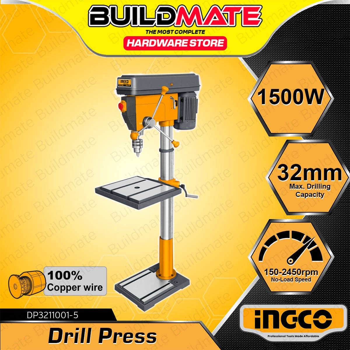 BUILDMATE Ingco 1500W Drill Press 32mm Max. Drilling Capacity Stand Table Drilling Machine Adjustable Working Table – IPT