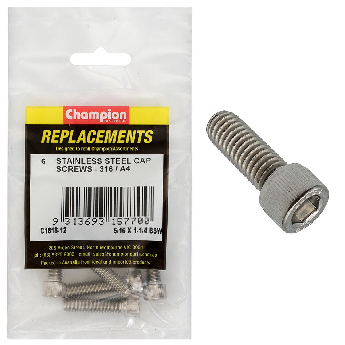 Champion 5/16in x 1-1/4in BSW Socket Cap Screw 316/A4 -6pk