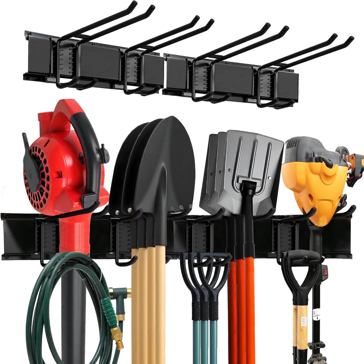 Garage Wall Organizer | 32″ Heavy-Duty Tool Storage Rack | Adjustable Double-Layer Hooks | 200 lbs Capacity | Carbon Steel Wall Mount Holder for Shovels, Rakes, Ladd