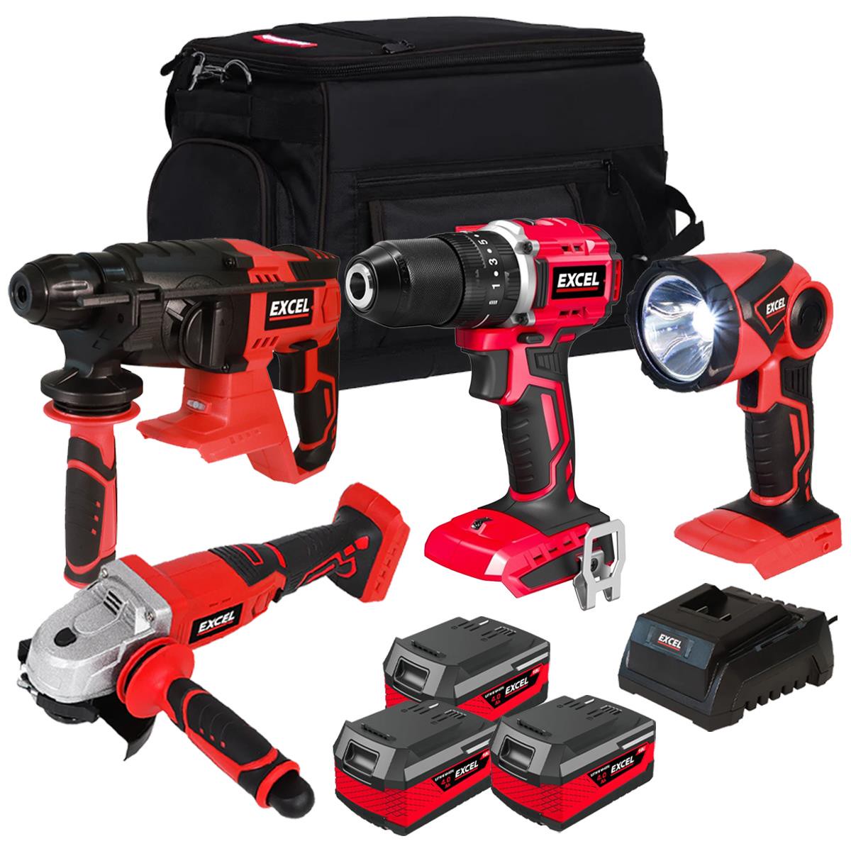 Excel 18V 4 Piece Cordless Power Tool Kit with 3 x 4.0Ah Batteries Charger & 20″ Bag EXLKIT-501