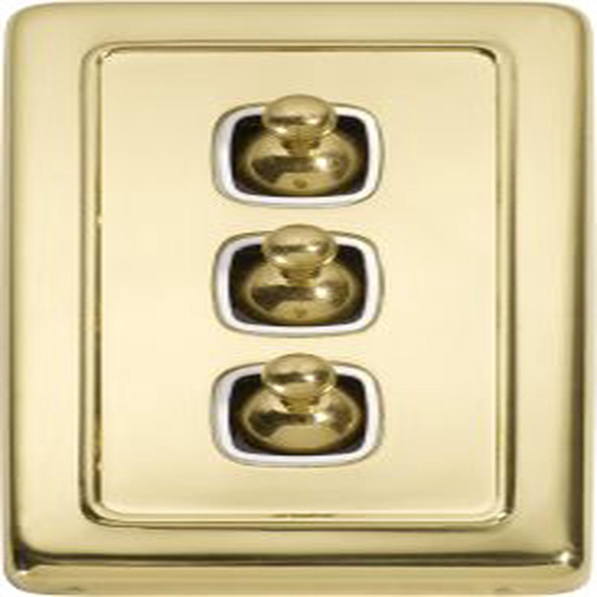 Flat Plate Toggle Switches by Tradco – 3 Gang H115xW72 | White / Polished Brass