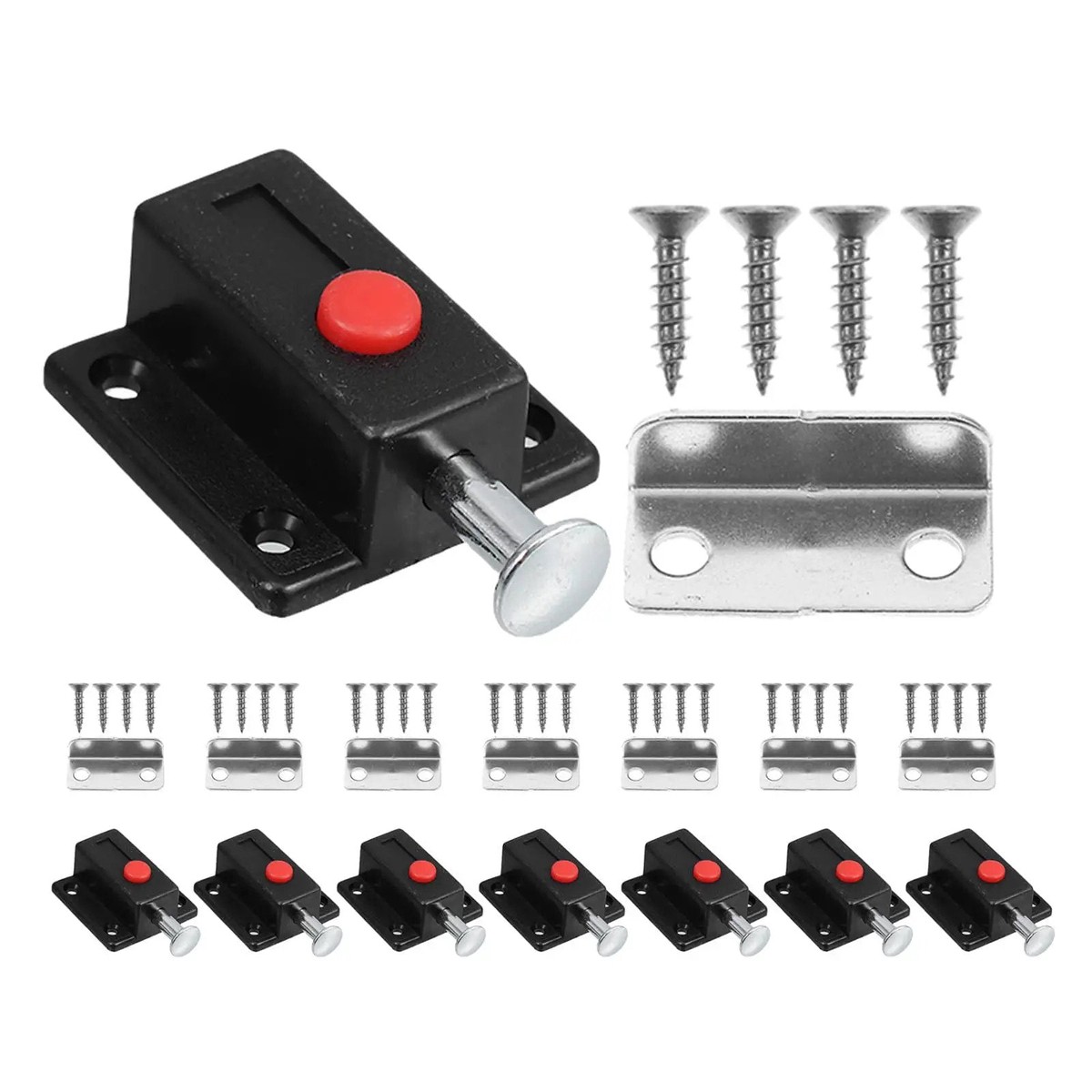 Spring Loaded Push Button Cabinet Latch Kit 8 Pack With Screws And Baffles, Zinc Alloy ABS, Smooth Operation, 1.4 X 2.1 Inches, Easy Install For Kitchen Cabinets And Furniture Drawers