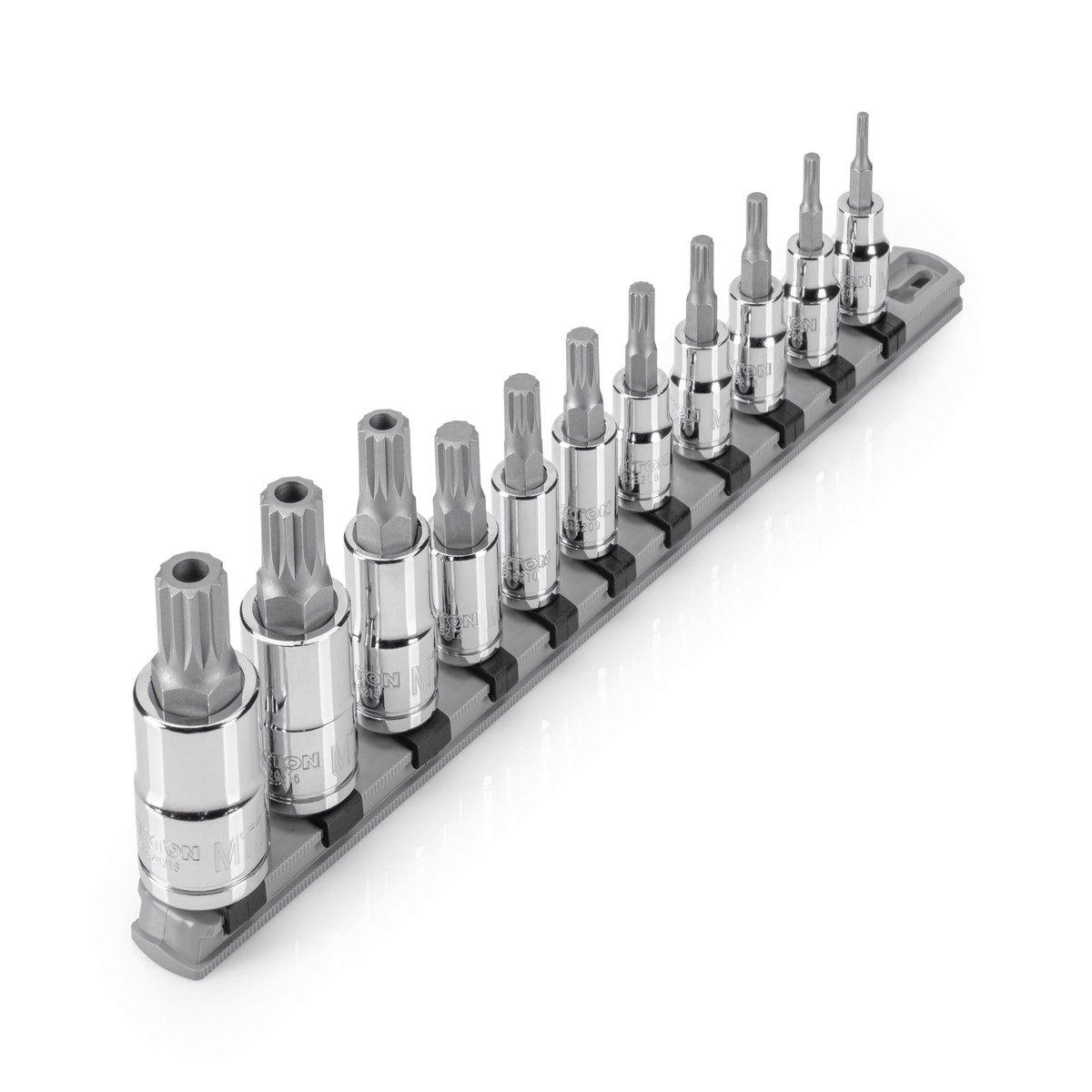3/8 Inch Drive Triple Square and 1/2 Inch Drive TR Triple Square Bit Socket Set with Rail, 11-Piece (M4 – M12, MT14 – MT18)