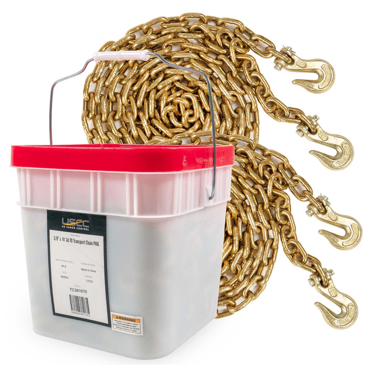 3/8″ x 16′ Grade 70 Transport Chain with Clevis Grab Hooks | 2-Pack