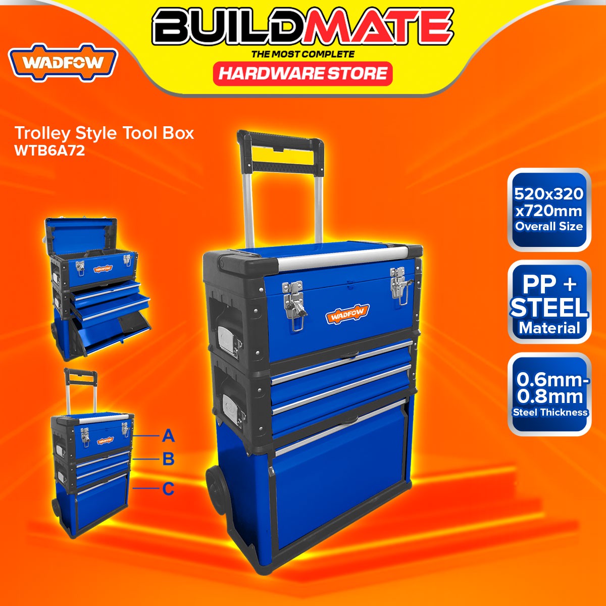 BUILDMATE Wadfow Trolley Style Tool Box 520x320x720mm Portable Tool Chest with Wheels and Handle Mobile Cart Toolbox WTB6A72 – WHT