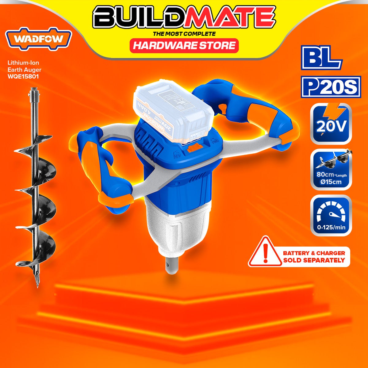 BUILDMATE Wadfow Lithium-Ion Cordless 20V Brushless Motor Earth Auger Rechargeable Post Hole Digger Drilling Machine Digging Tool WQE15801 – WPT