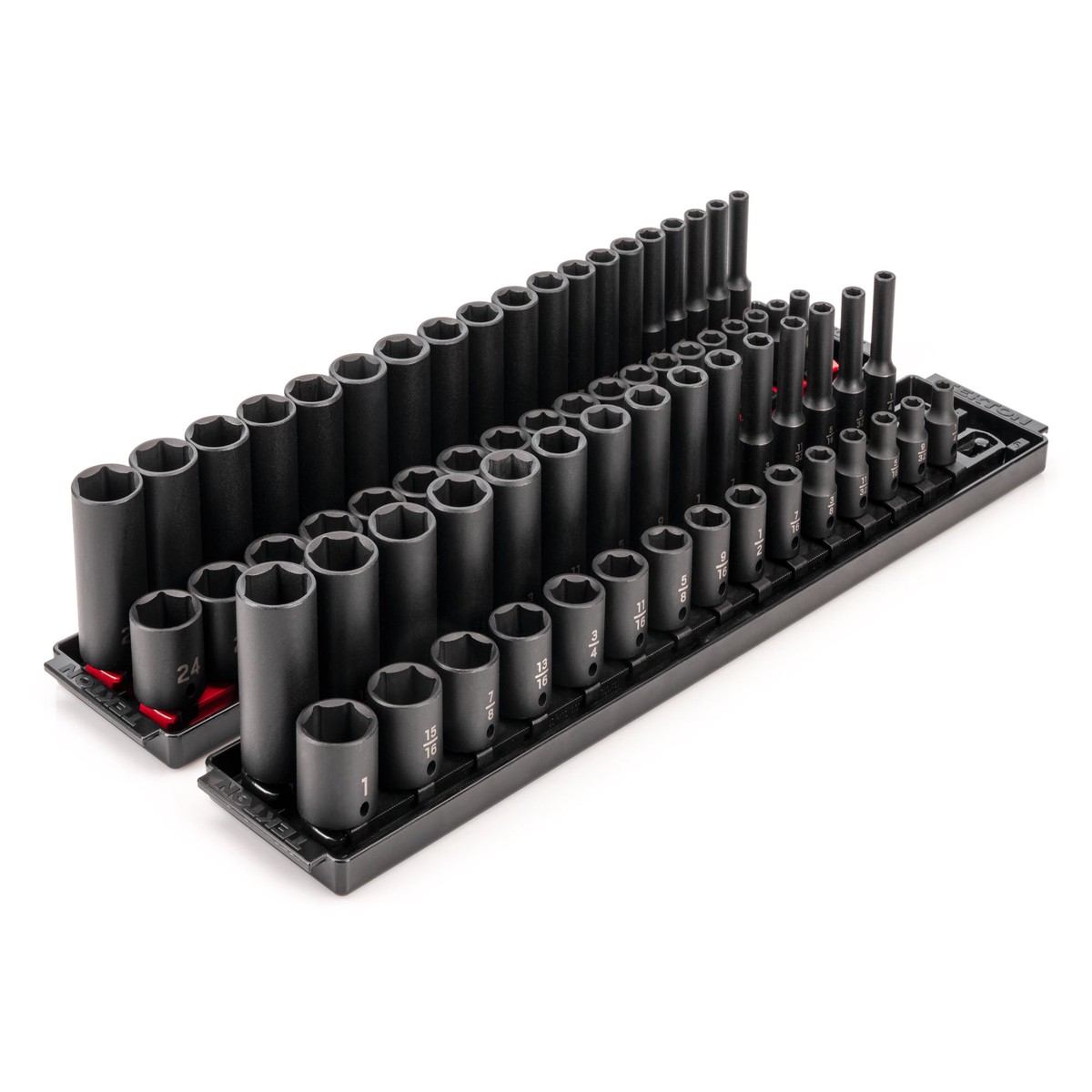 3/8 Inch Drive Shallow and Deep 6-Point Impact Socket Set with Rails and Trays, 68-Piece (1/4 – 1 in., 6 – 24 mm)