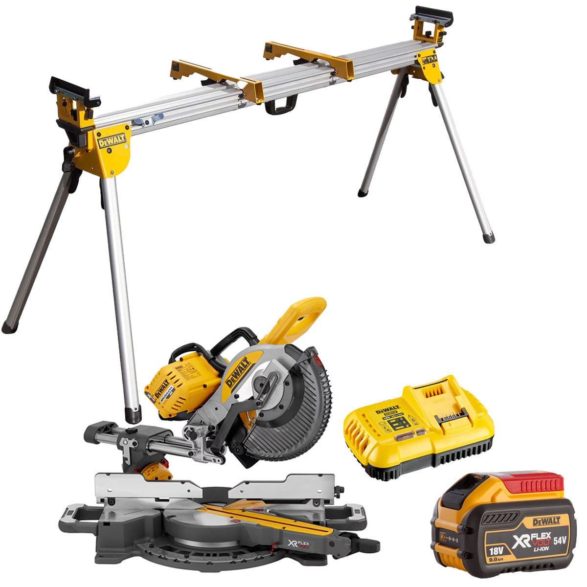Dewalt DCS727N 54V XR FlexVolt Brushless Slide Mitre Saw with 1 x 9.0Ah Battery Charger & Universal Leg Stand