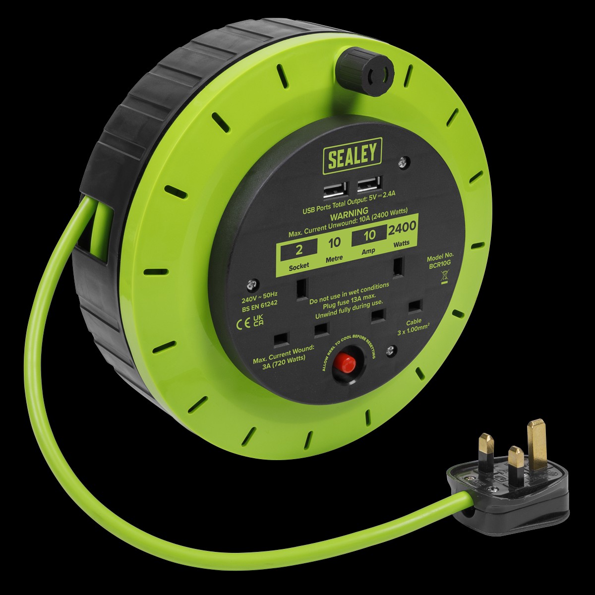 Sealey BCR10G Cassette Type Cable Reel Green with Thermal Trip 2 x 230V and 2 x USB 10m