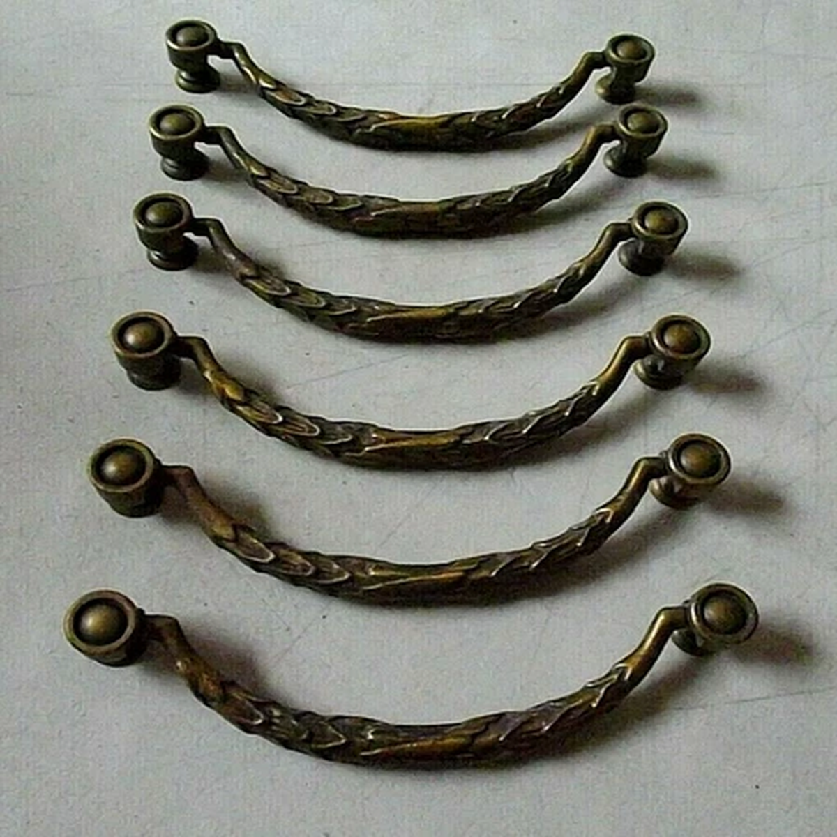 (6) ANTIQUE SOLID BRASS DRAWER PULLS / HANDLES -- ORIGINAL SCREWS INCLUDED