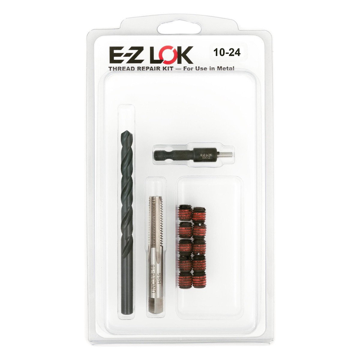 #10-24 x 3/8"-16 Carbon Steel Solid Wall Threaded Insert W/Red Loctite Standard Repair Kit with Inserts, Drill Bit, Tap, and Install Tool