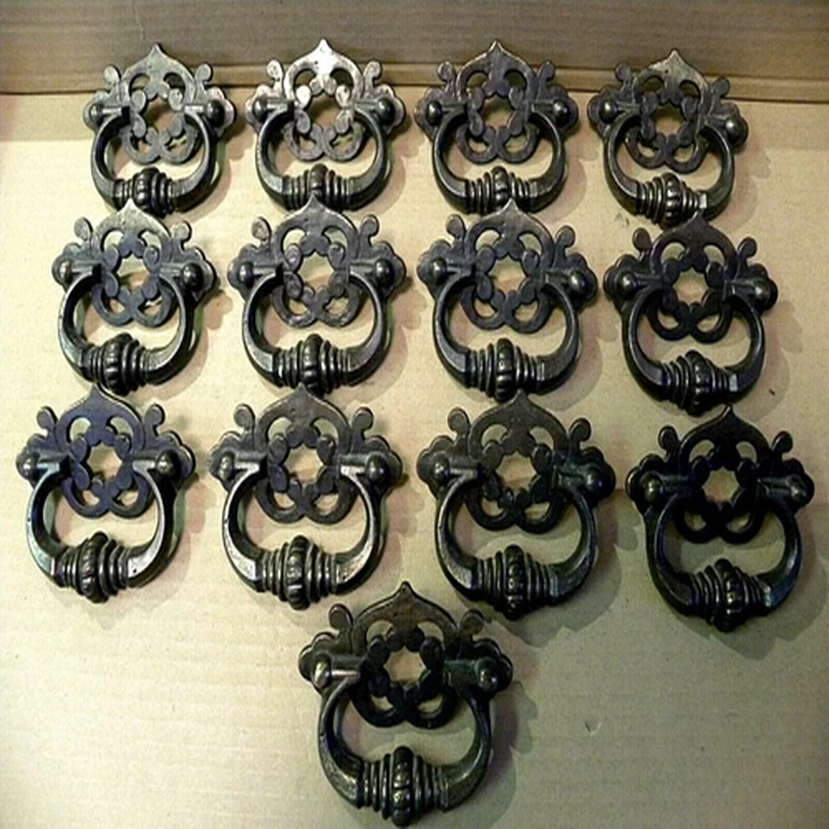 (13) VINTAGE BRASS FINISH DRAWER PULLS / HANDLES -- ORIGINAL SCREWS INCLUDED