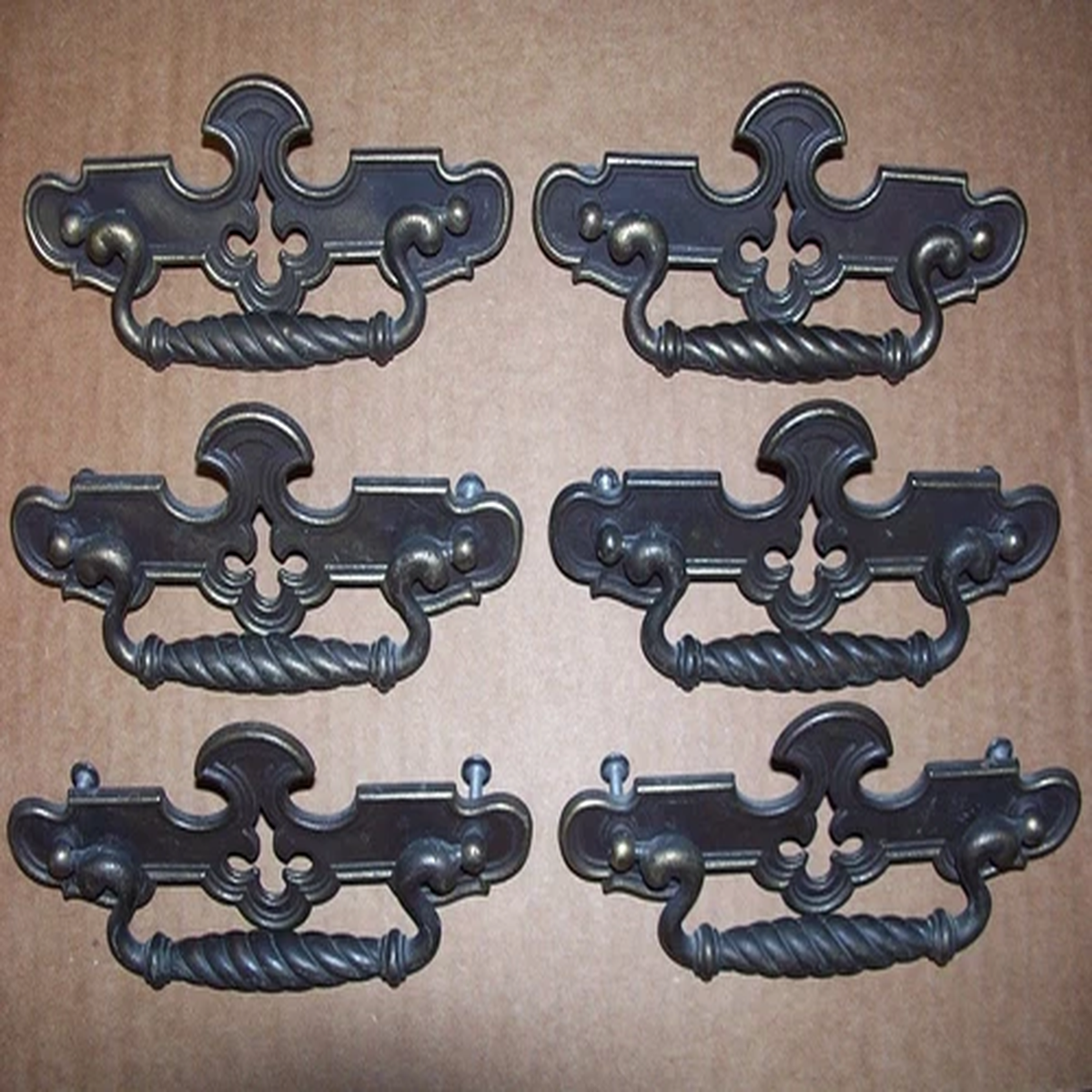 (6) VINTAGE BRASS FINISH DRAWER PULLS / HANDLES -- ORIGINAL SCREWS INCLUDED