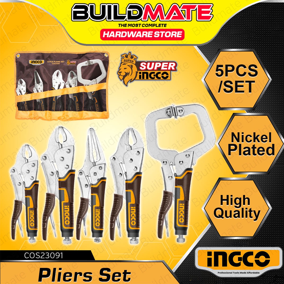 [EXCLUSIVE] BUILDMATE Ingco 5pcs Pliers Set 7" - 11" Curved Jaw, Straight Jaw, Long Nose, C-Clamp Vise Grip Locking Clamp Plier Hand Tools COS23091 - IPX