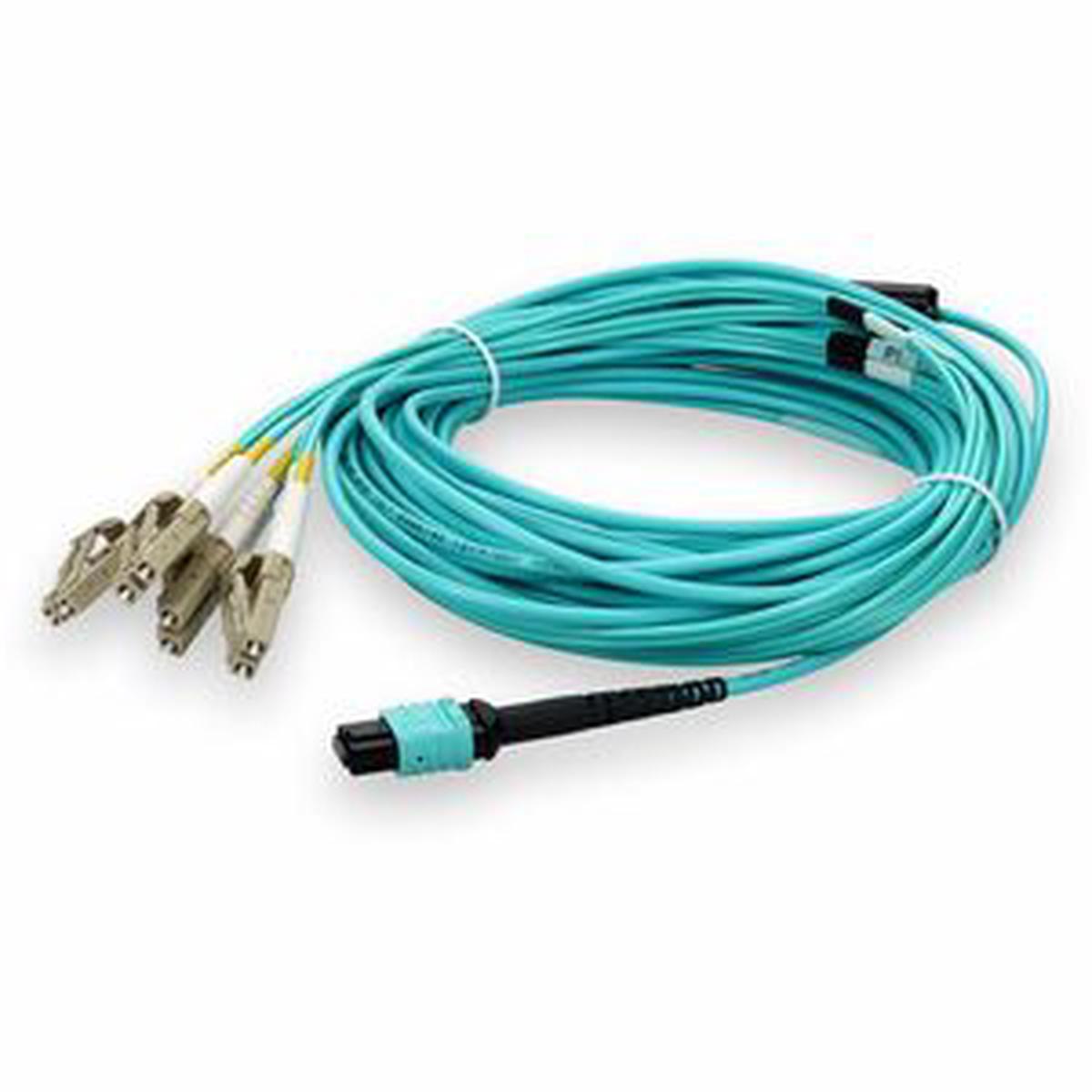 AddOn 15m MPO/UPC to 4xLC/UPC Duplex Aqua OM4 OFNP (Plenum-Rated) 8-Strand Fiber Fanout Cable