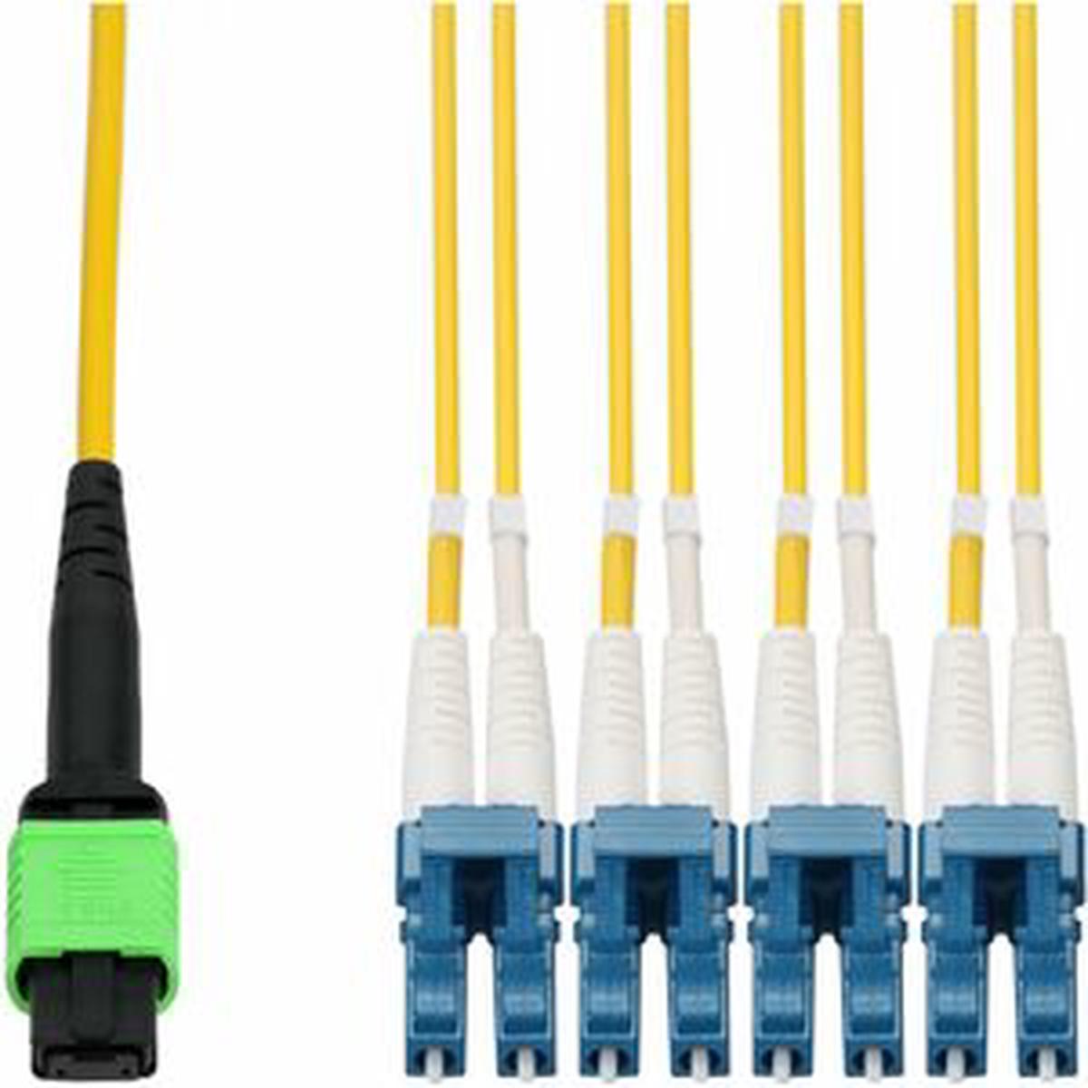 AddOn 15m MPO/APC to 4xLC/UPC Duplex Yellow OS2 OFNR (Riser-Rated) 8-Strand SMF Fiber Fanout Cable